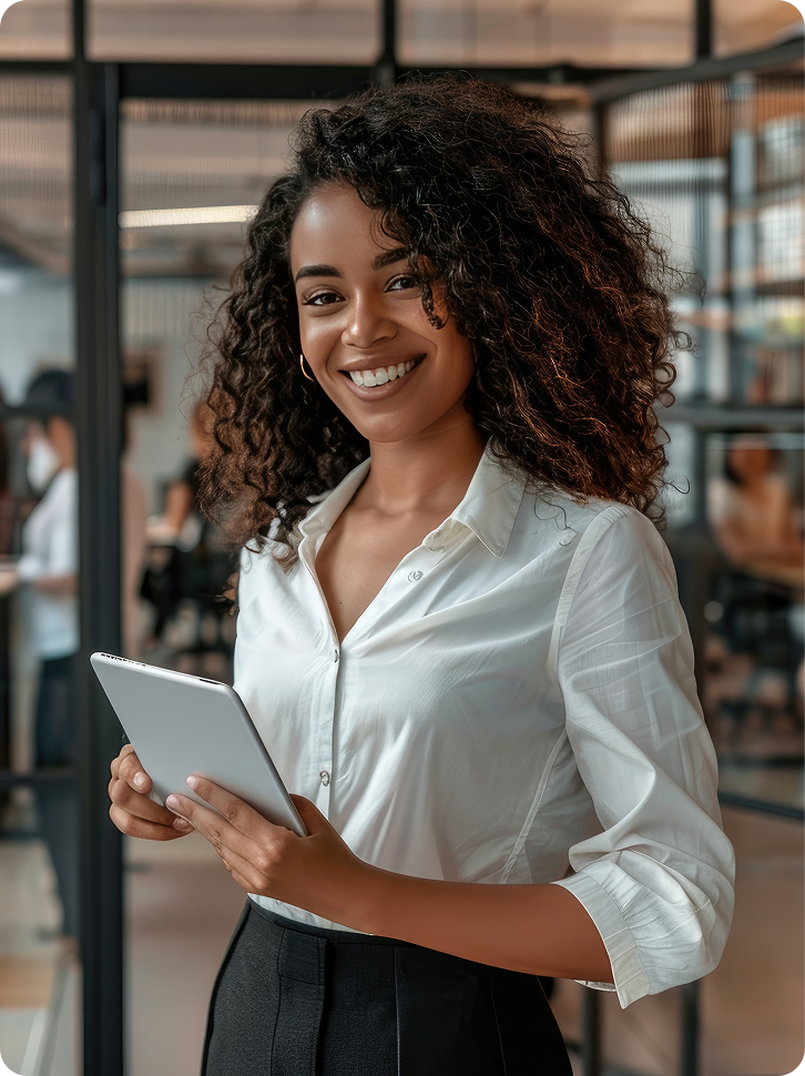 Uma mulher vestindo um terno esta usando um tablet em um ambiente de escritorio